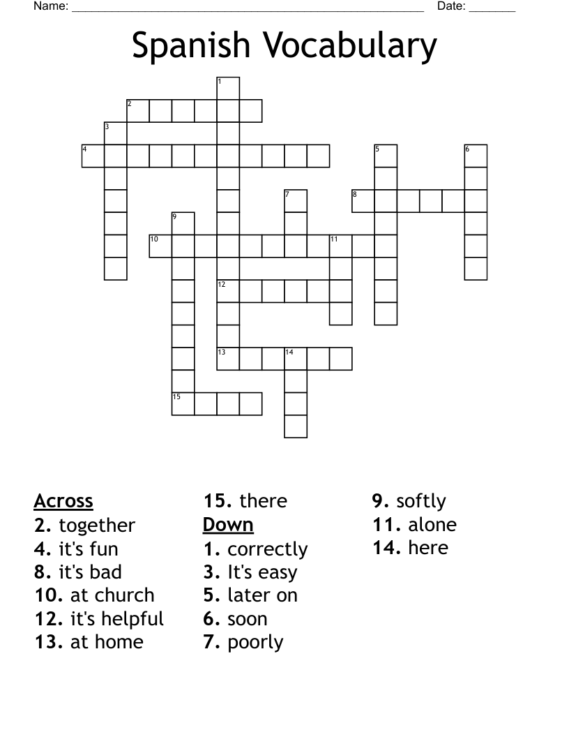 Spanish Vocabulary Crossword