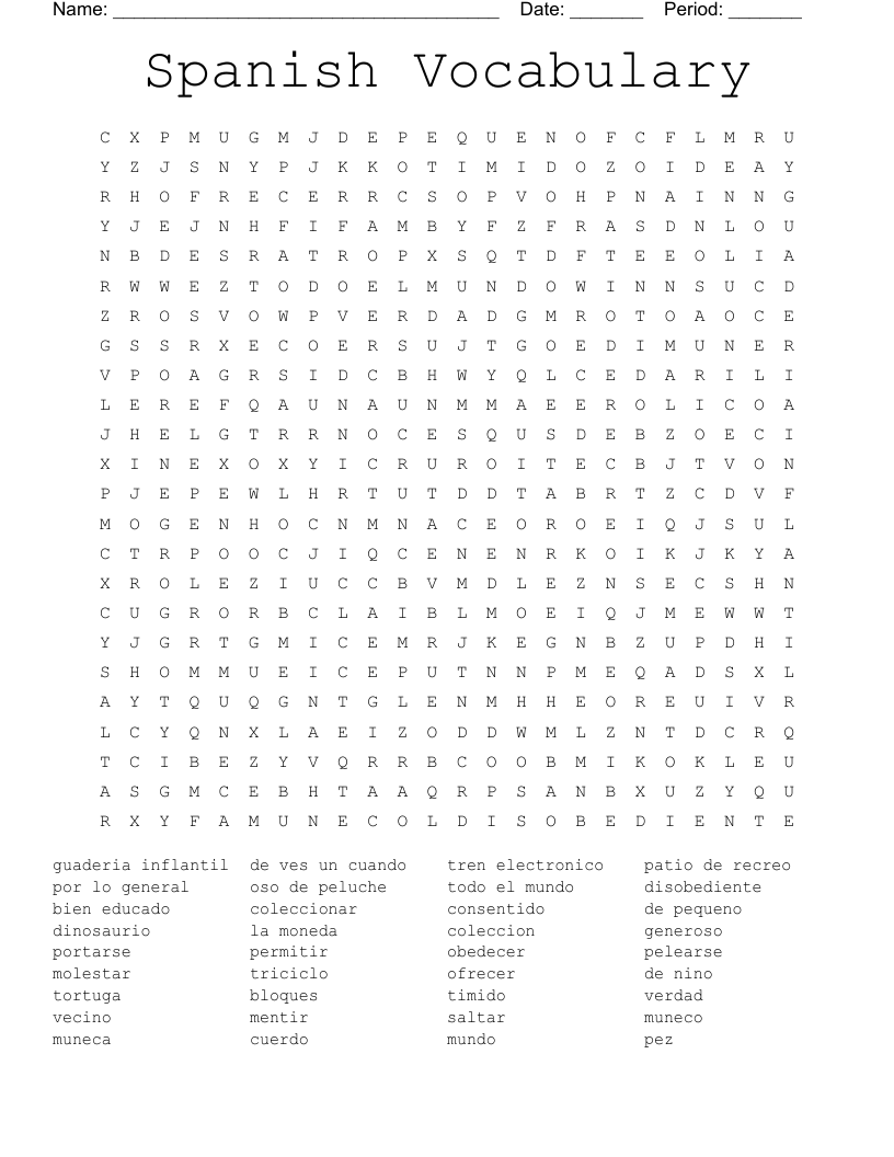 Spanish Vocabulary Word Search