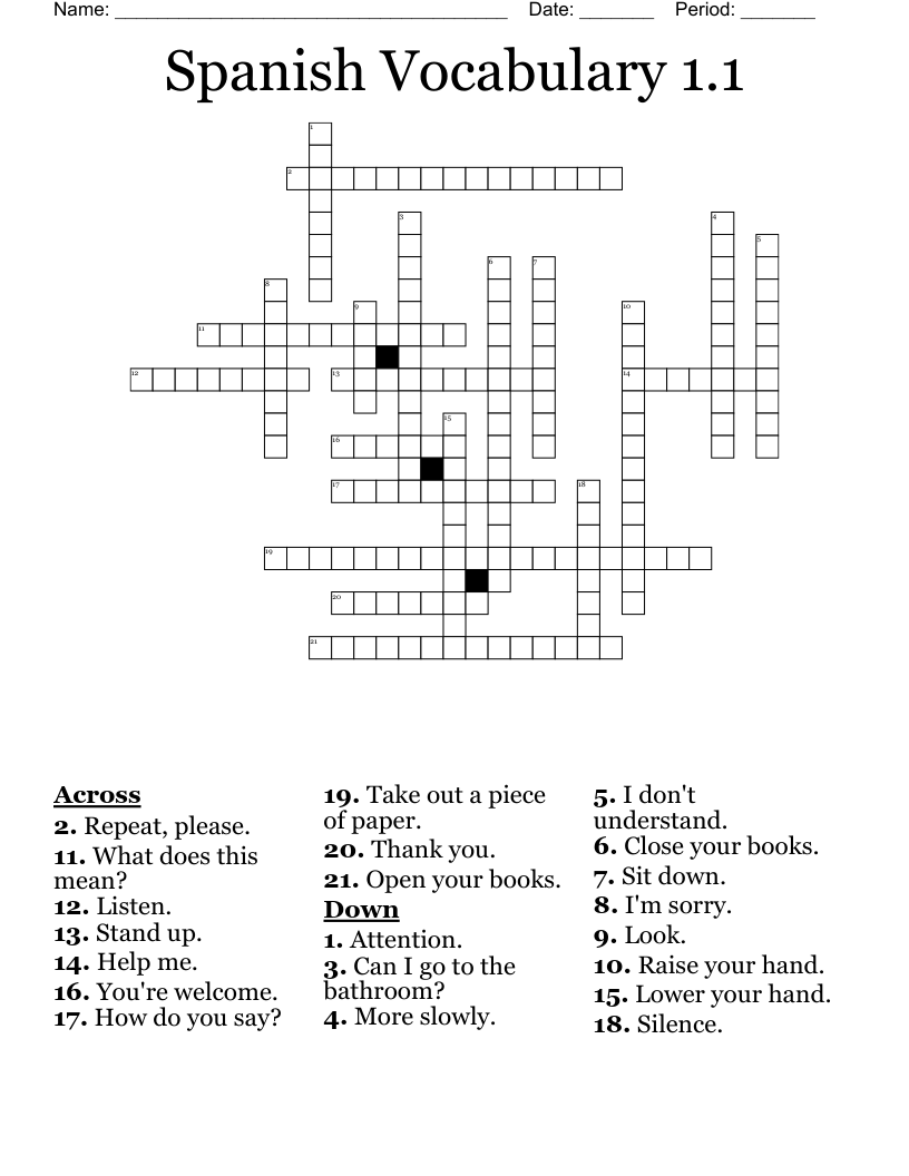 Spanish Vocabulary 1.1 Crossword