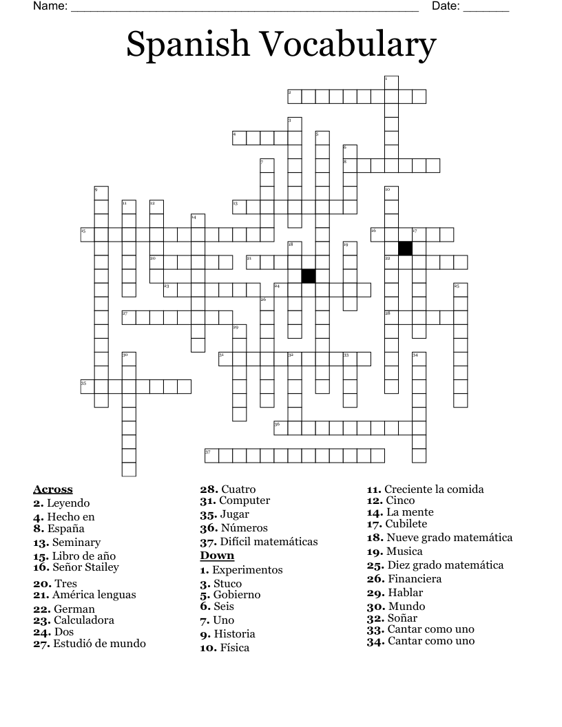 Spanish Vocabulary Crossword