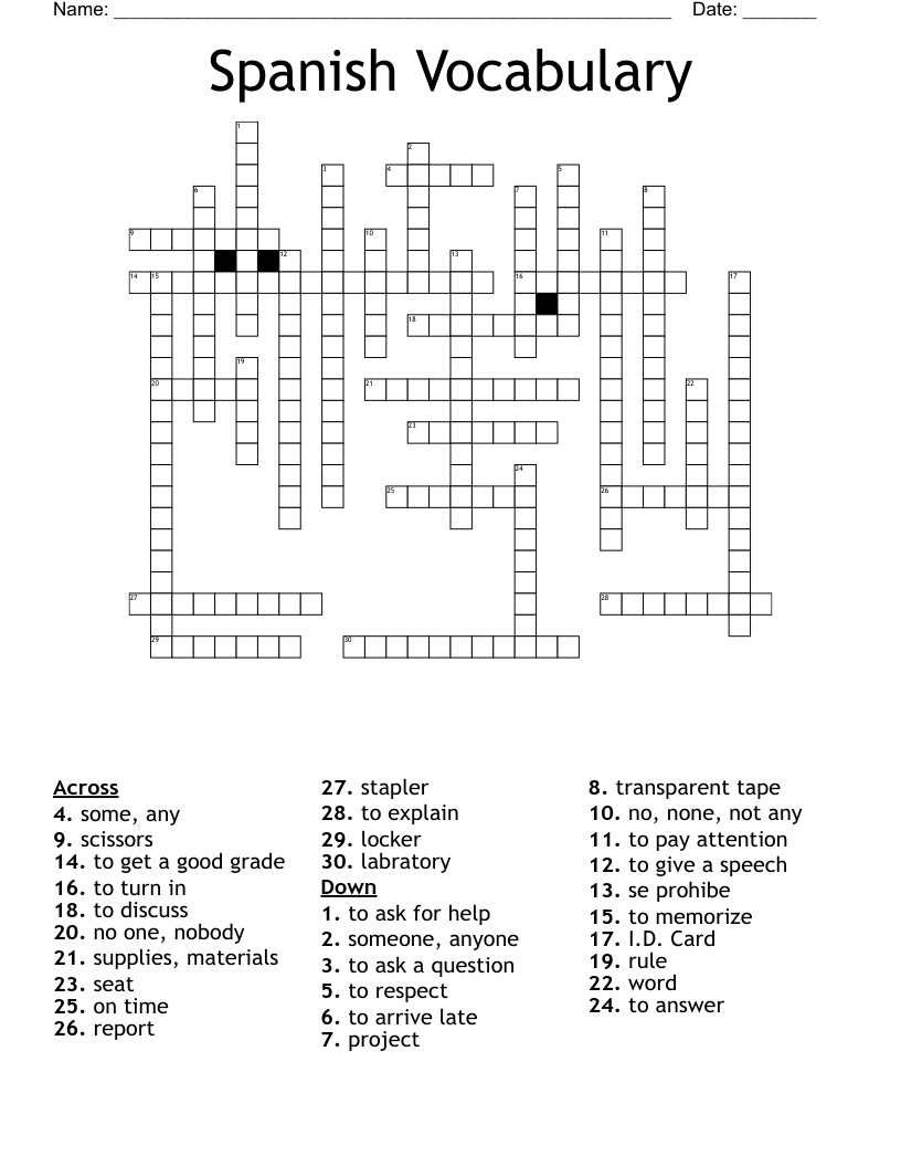 Spanish Vocabulary Crossword
