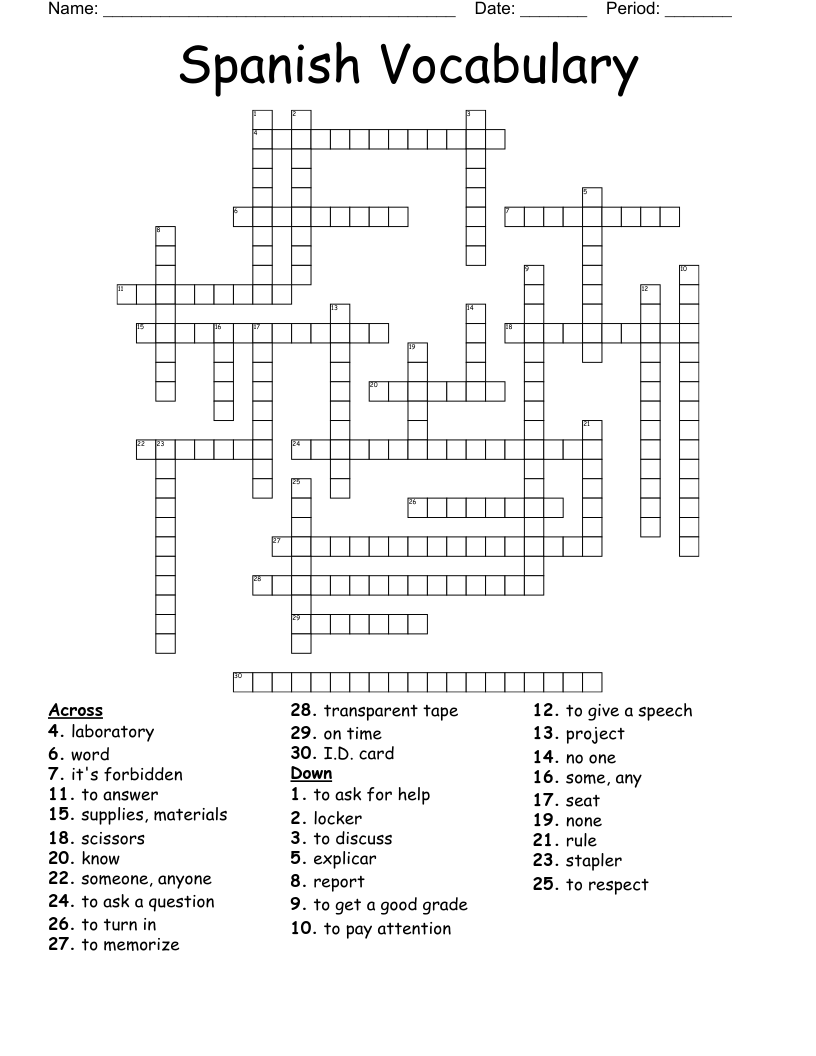 Spanish Vocabulary Crossword