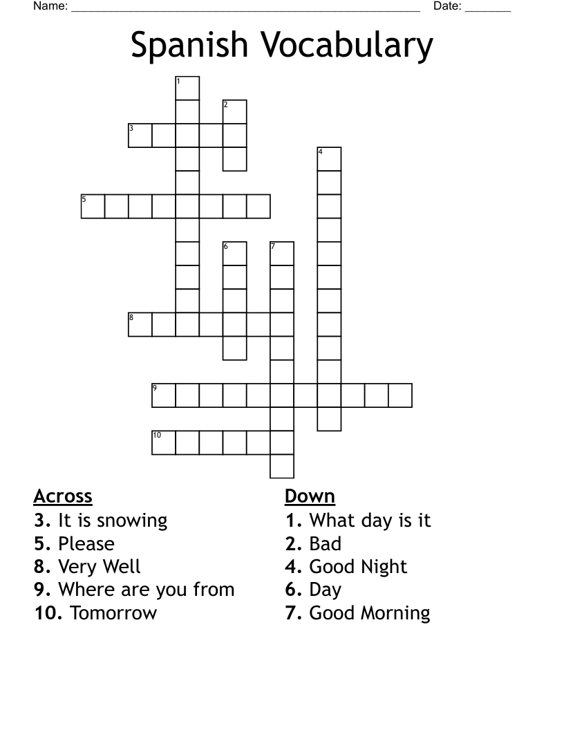 Spanish Vocabulary Crossword