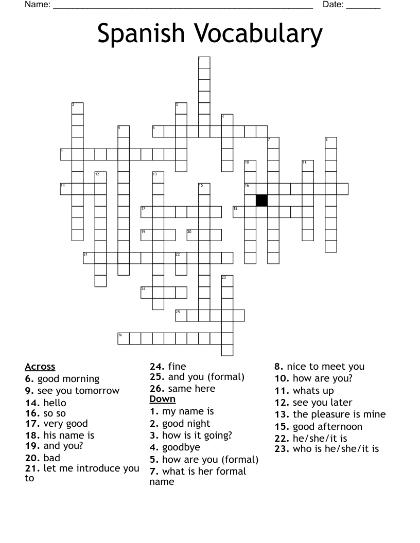 Spanish Vocabulary Crossword