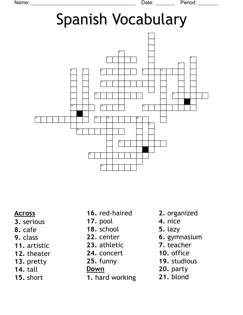 Spanish Vocabulary Crossword