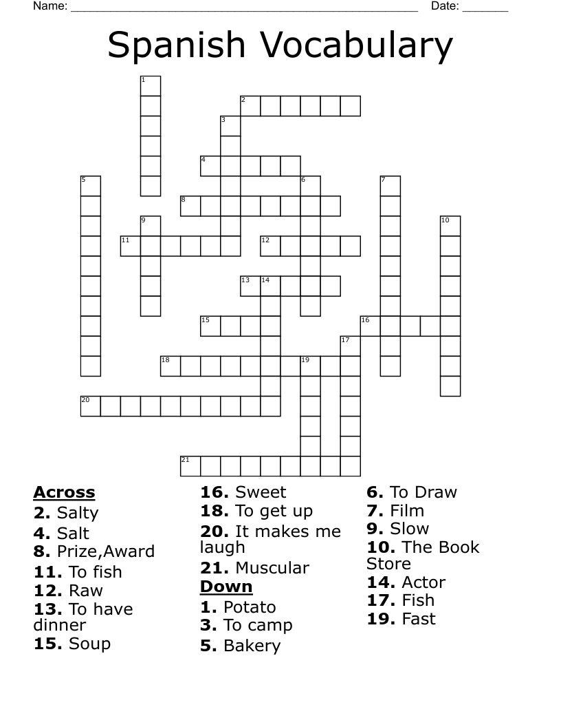 Spanish Vocabulary Crossword