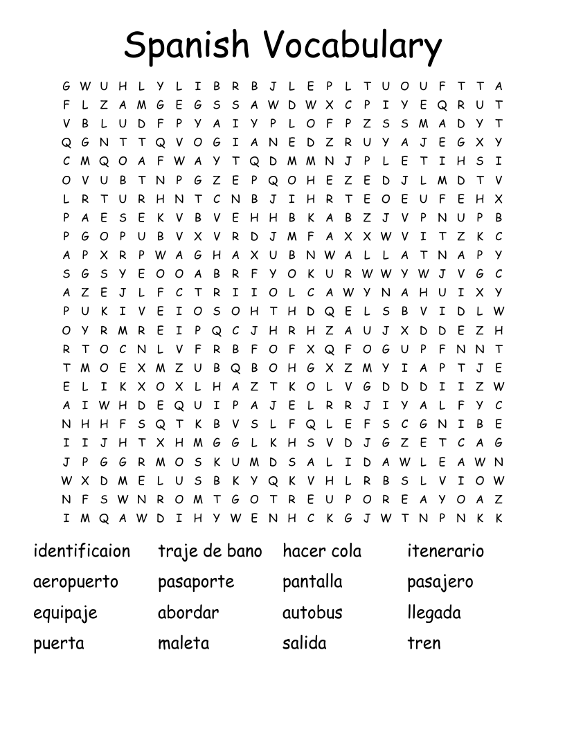 Spanish Vocabulary Word Search