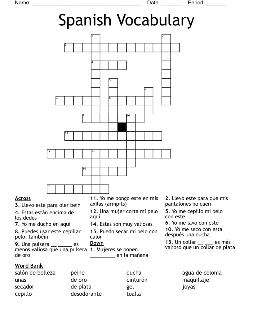 Spanish Vocabulary Crossword