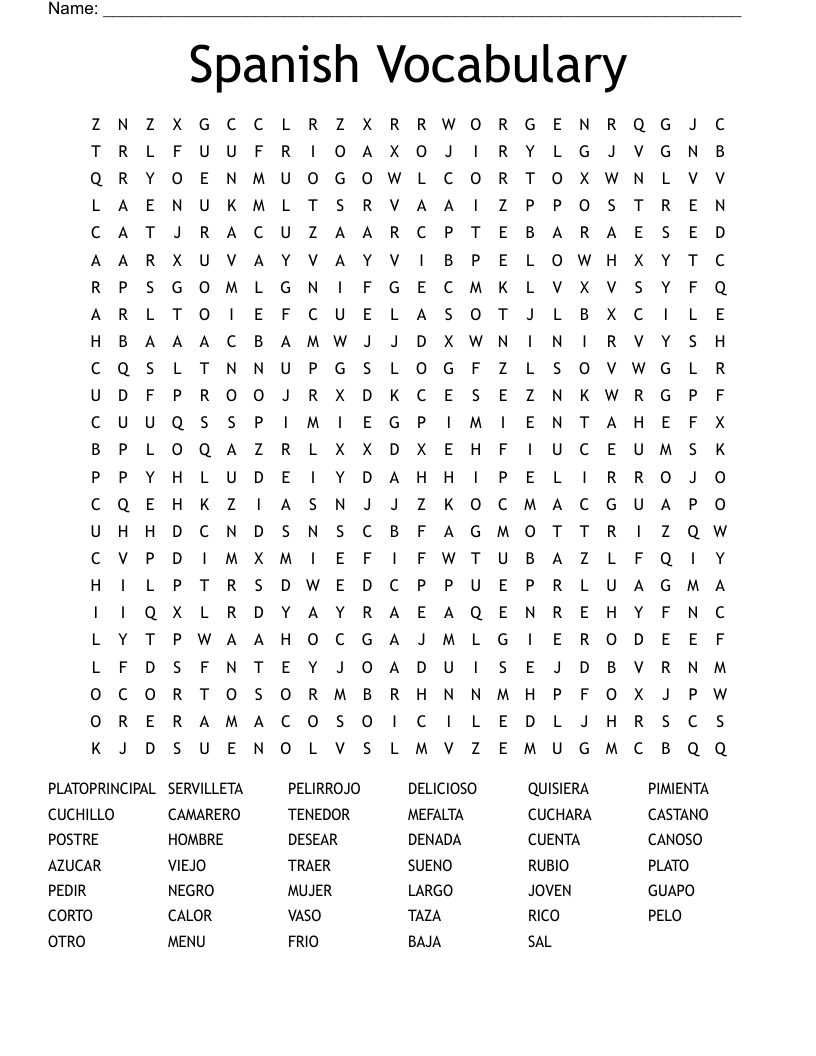 Spanish Vocabulary Word Search