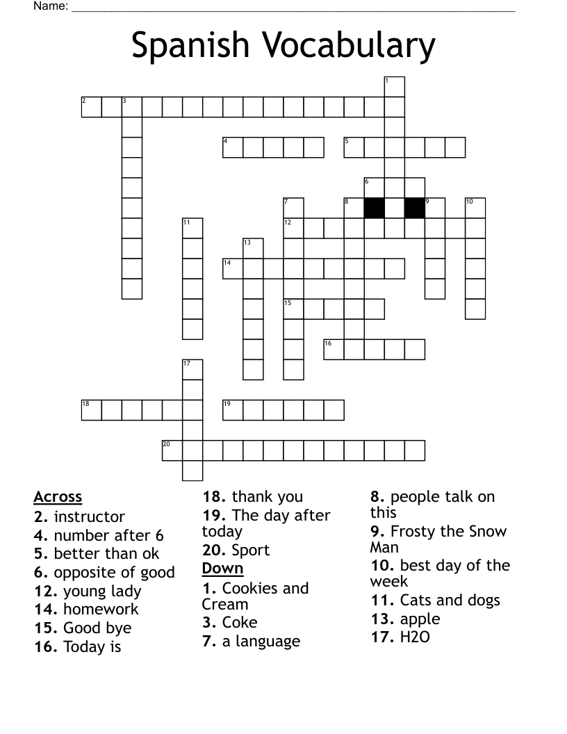 Spanish Vocabulary Crossword