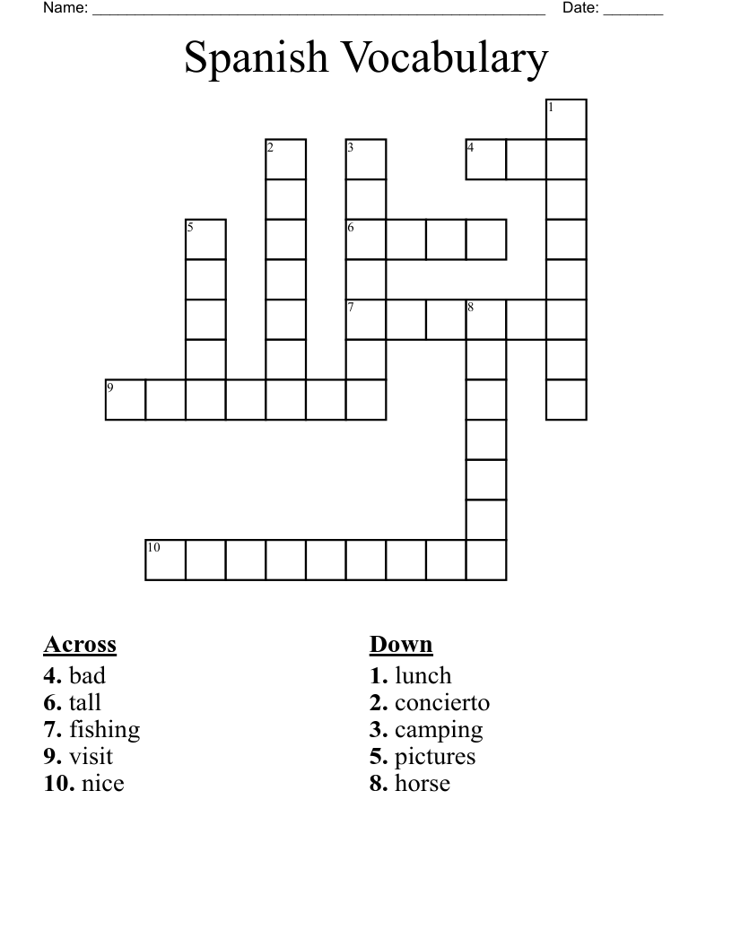 Spanish Vocabulary Crossword