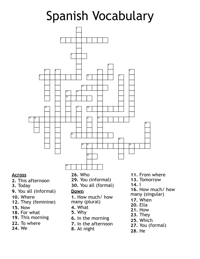 Spanish Vocabulary Crossword