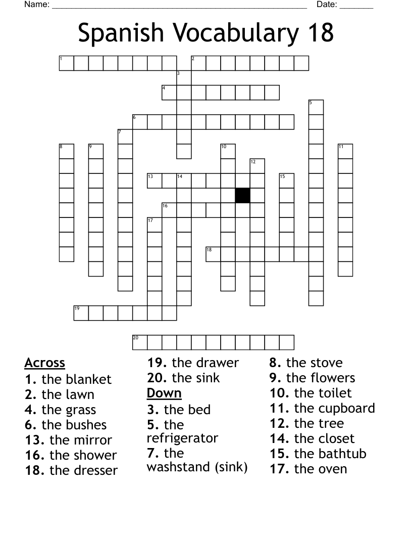 Spanish Vocabulary 18 Crossword