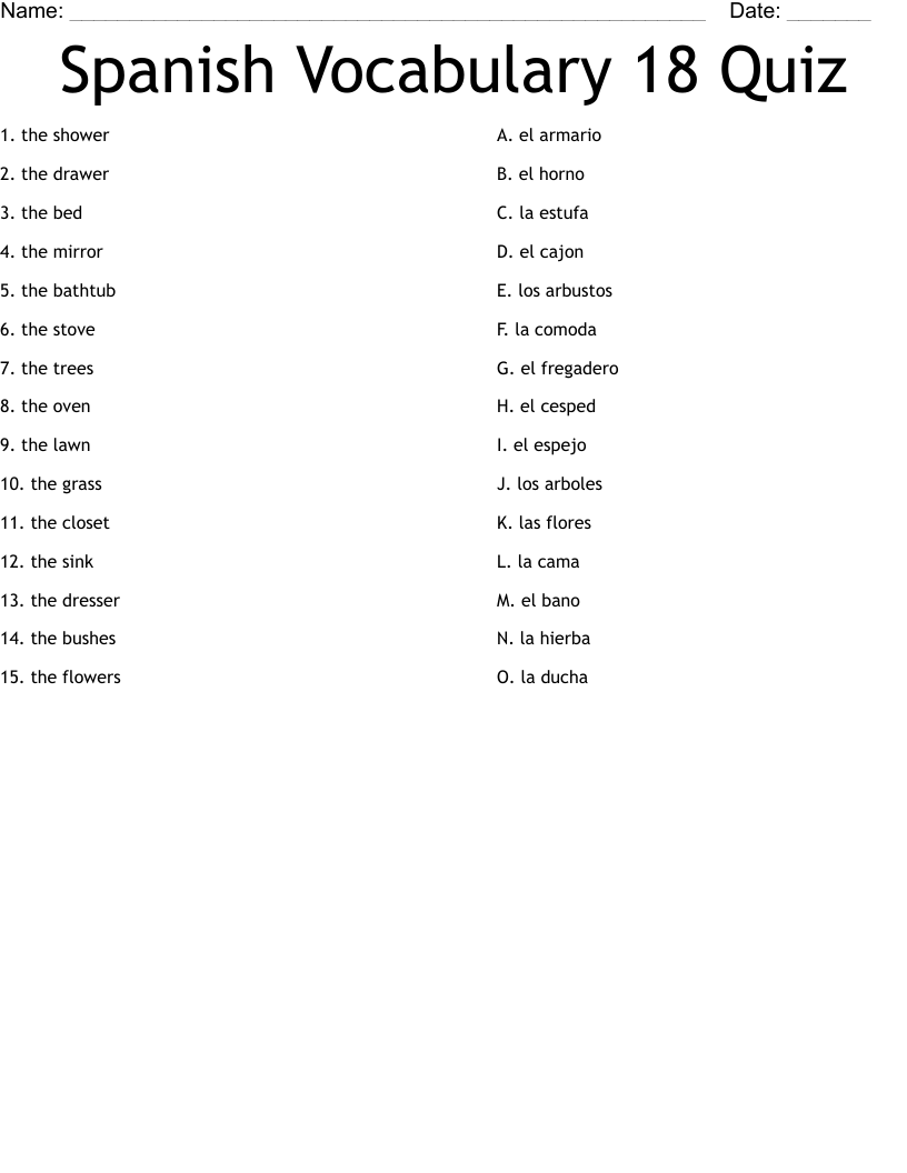 Spanish Vocabulary 18 Quiz Worksheet
