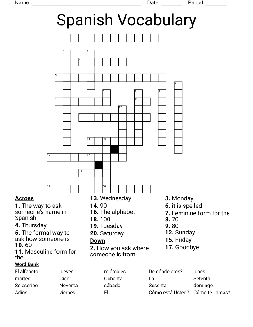 Spanish Vocabulary Crossword