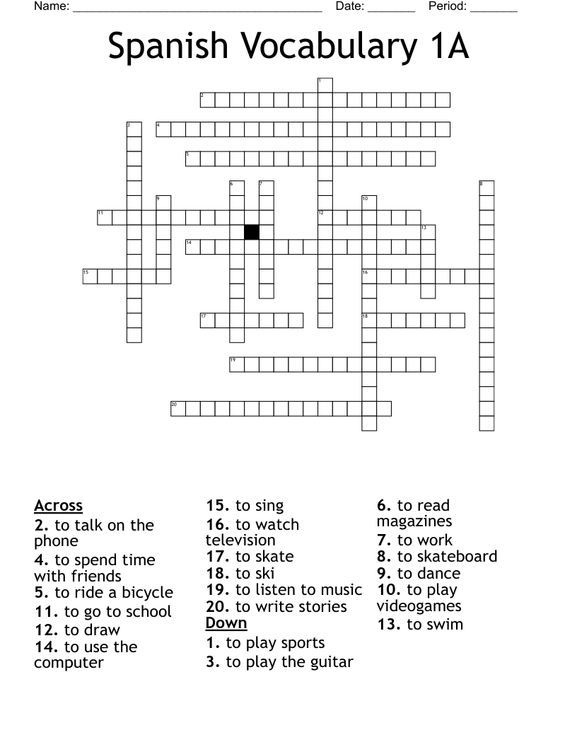 Spanish Vocabulary 1A Crossword