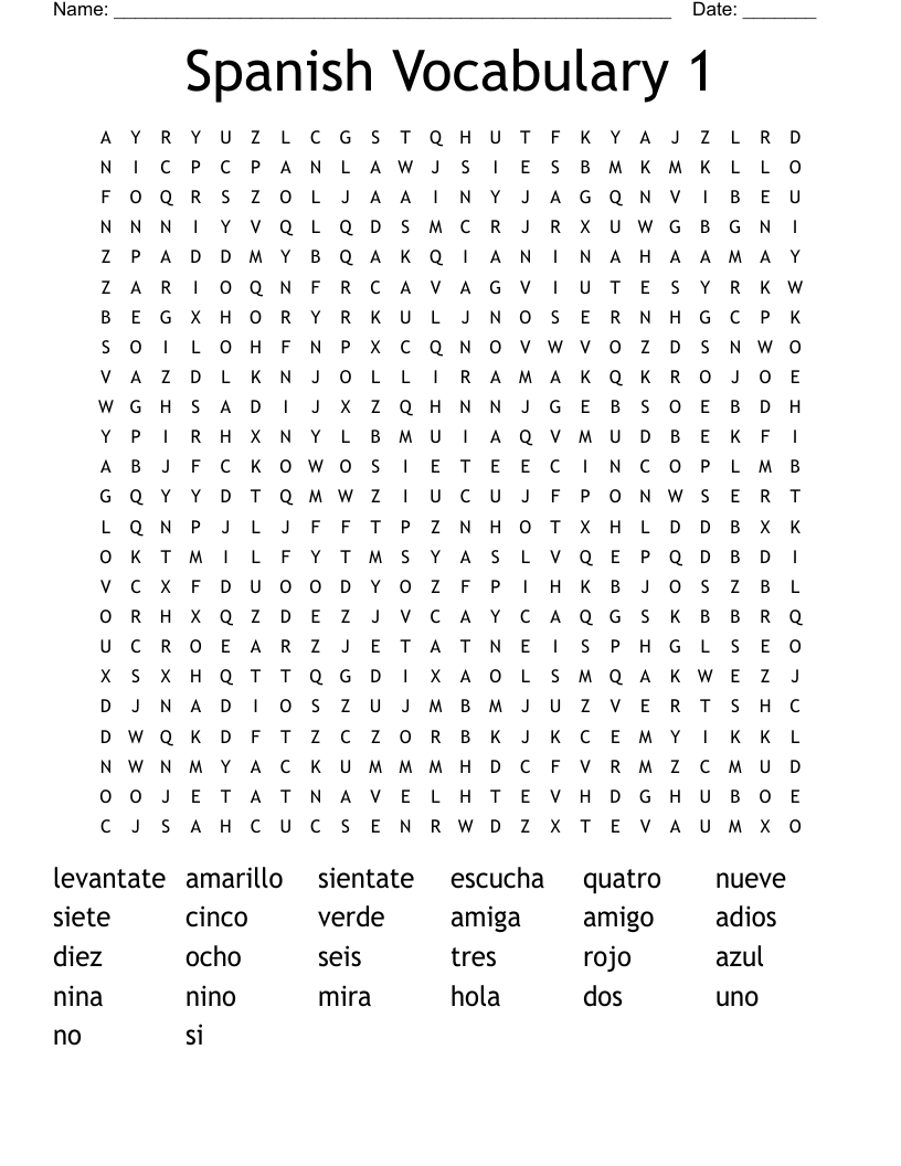Spanish Vocabulary 1 Word Search
