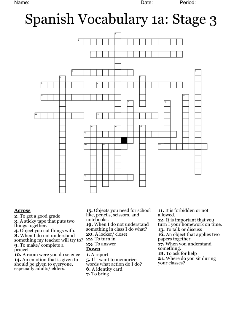 Spanish Vocabulary 1a: Stage 3 Crossword