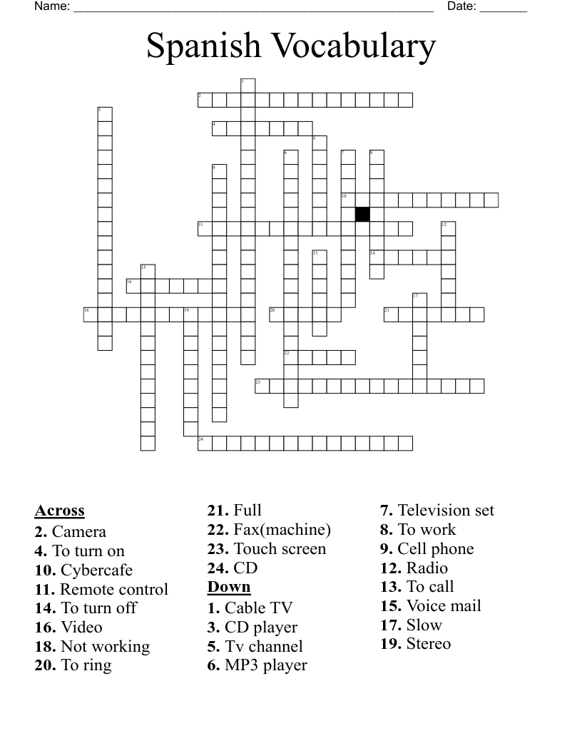 Spanish Vocabulary Crossword