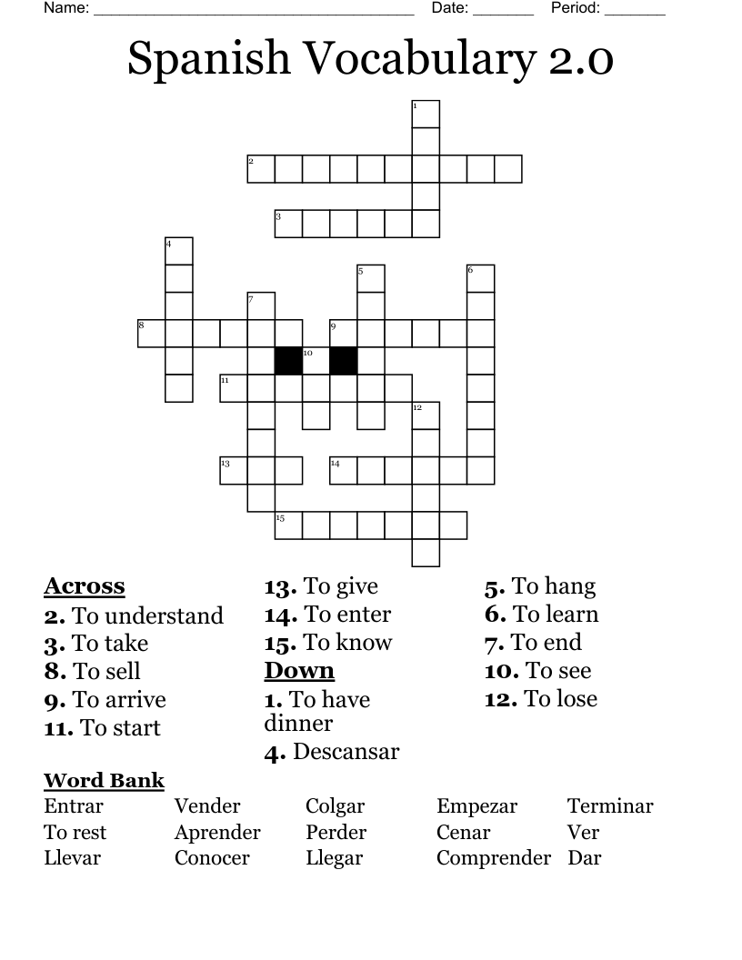 Spanish Vocabulary 2.0 Crossword