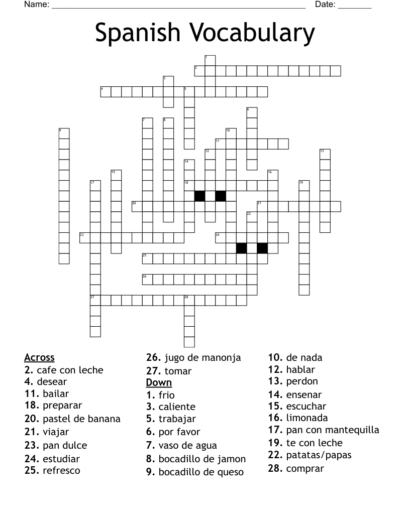 Spanish Vocabulary Crossword