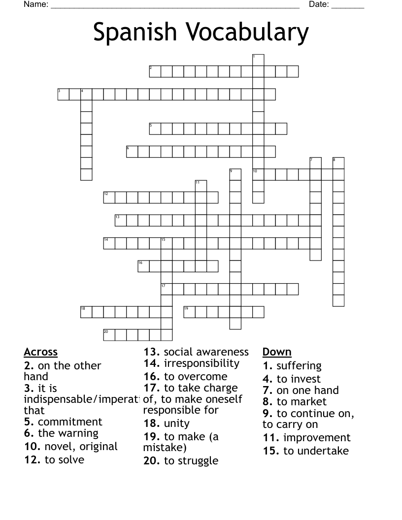 Spanish Vocabulary Crossword