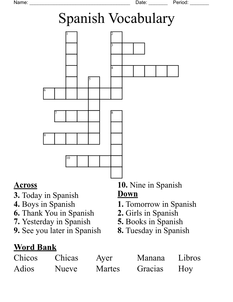 Spanish Vocabulary Crossword