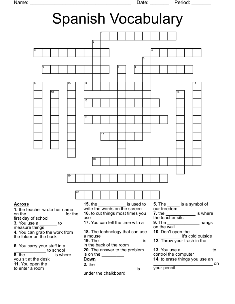 Spanish Vocabulary Crossword