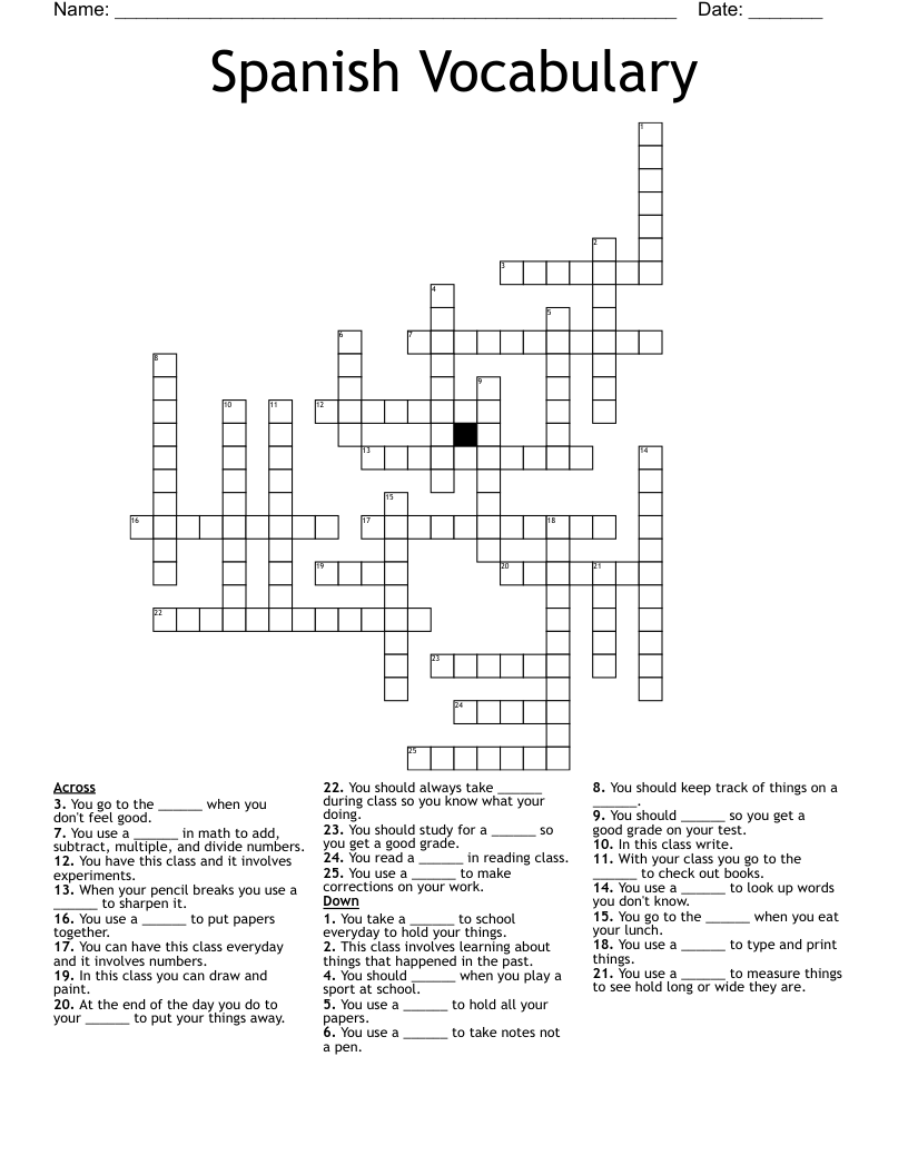Spanish Vocabulary Crossword