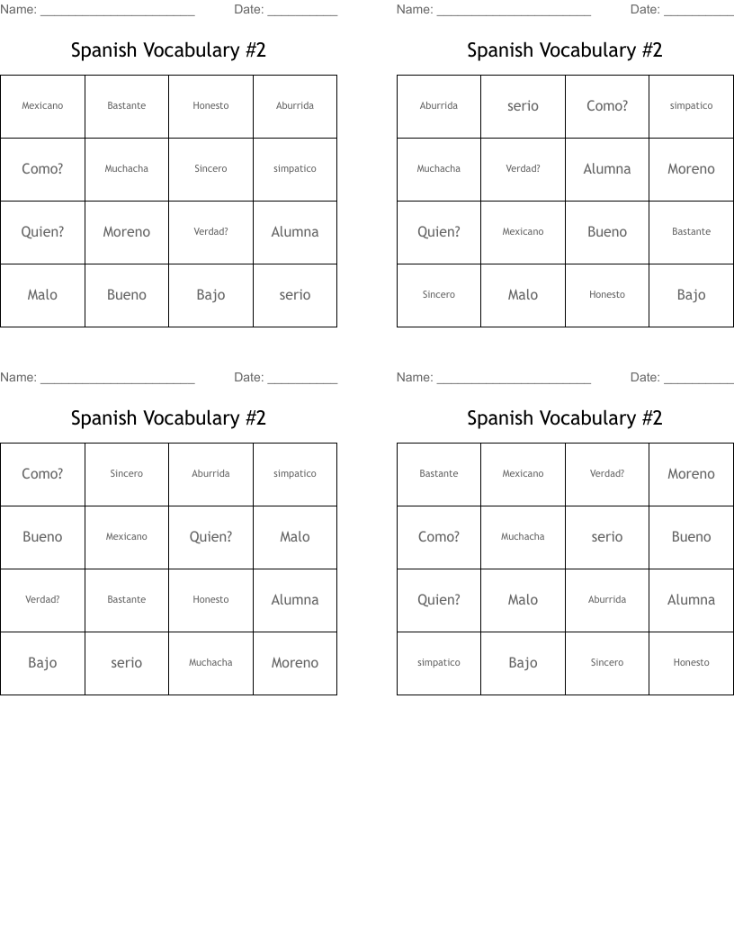 Spanish Vocabulary #2 Bingo Cards