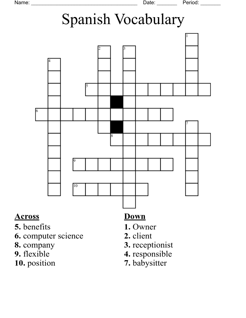 Spanish Vocabulary Crossword