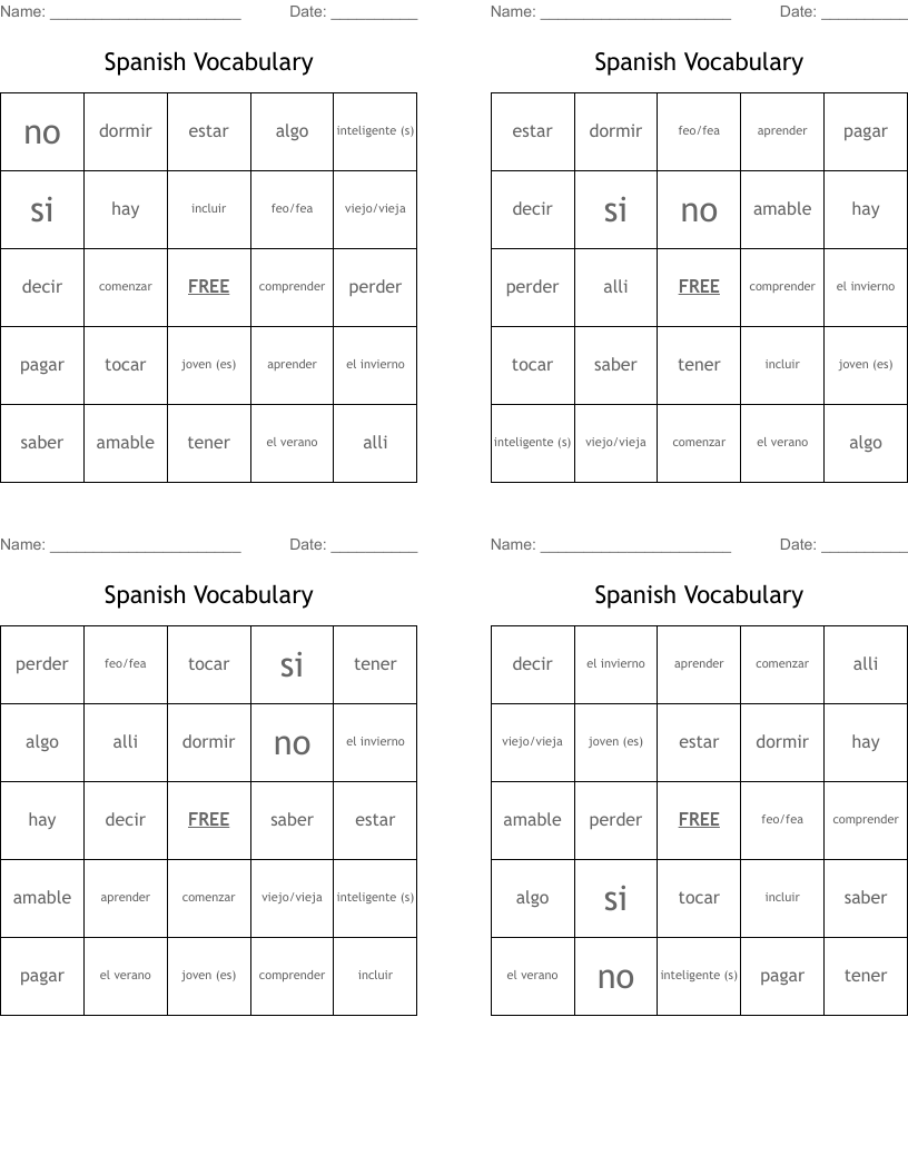 Spanish Vocabulary Bingo Cards