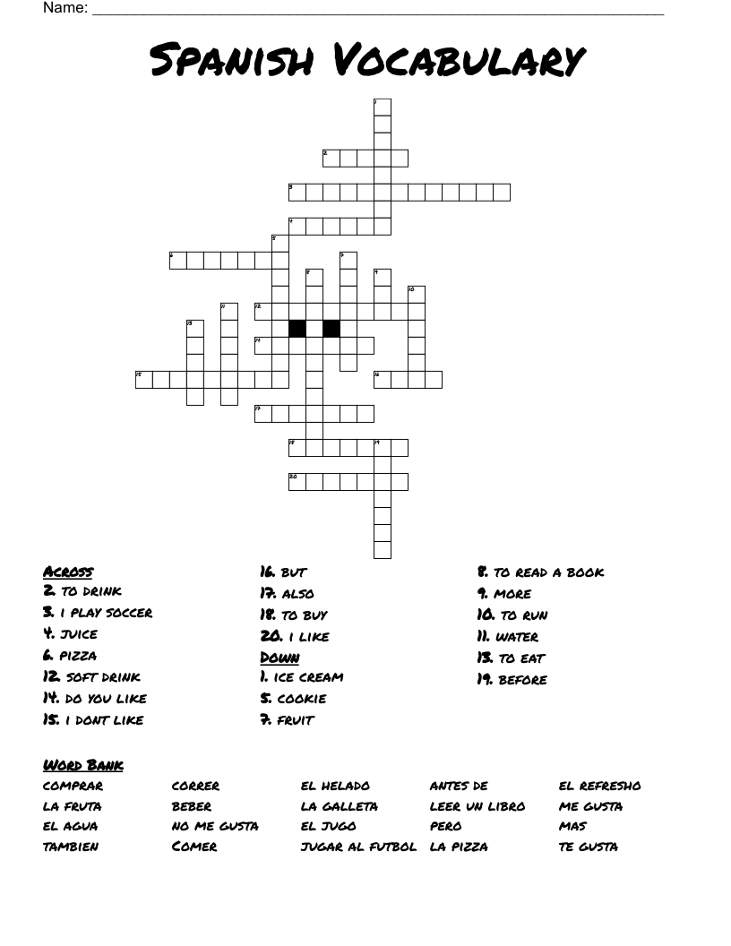 Spanish Vocabulary Crossword
