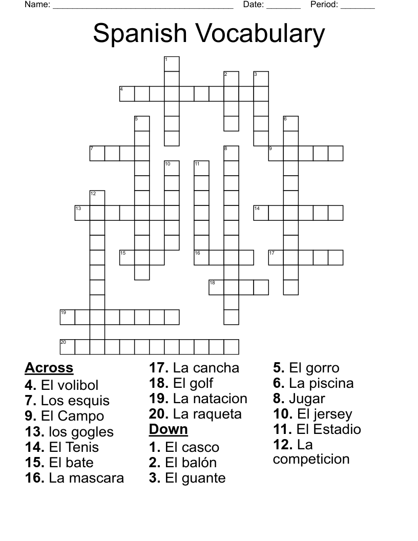 Spanish Vocabulary Crossword