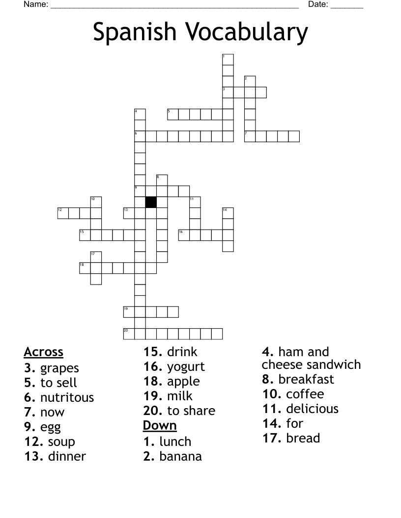 Spanish Vocabulary Crossword