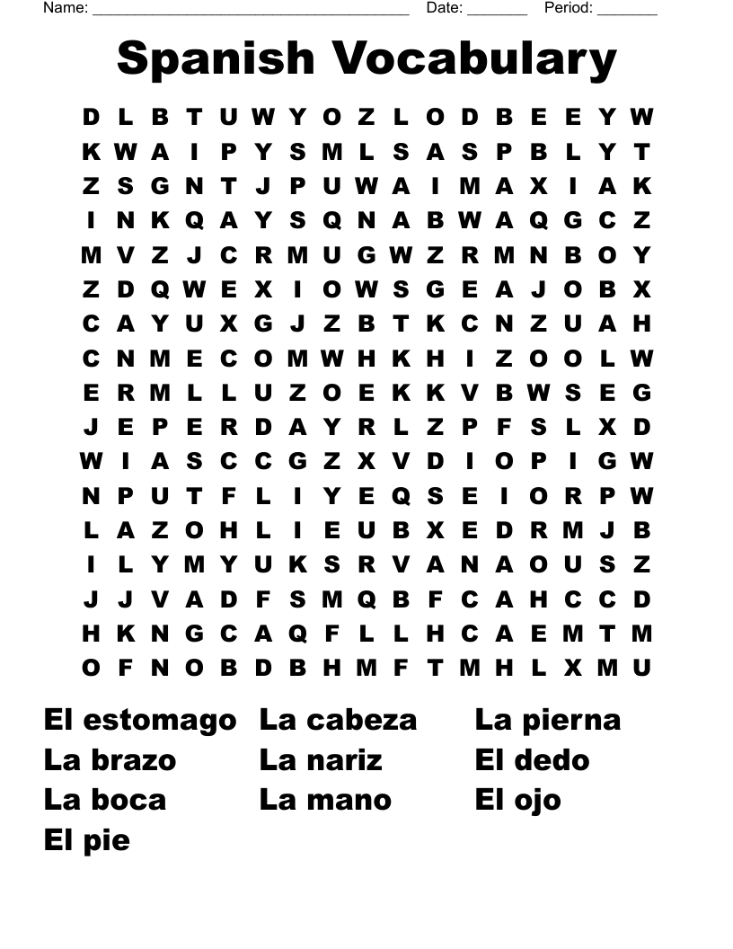 Spanish Vocabulary Word Search