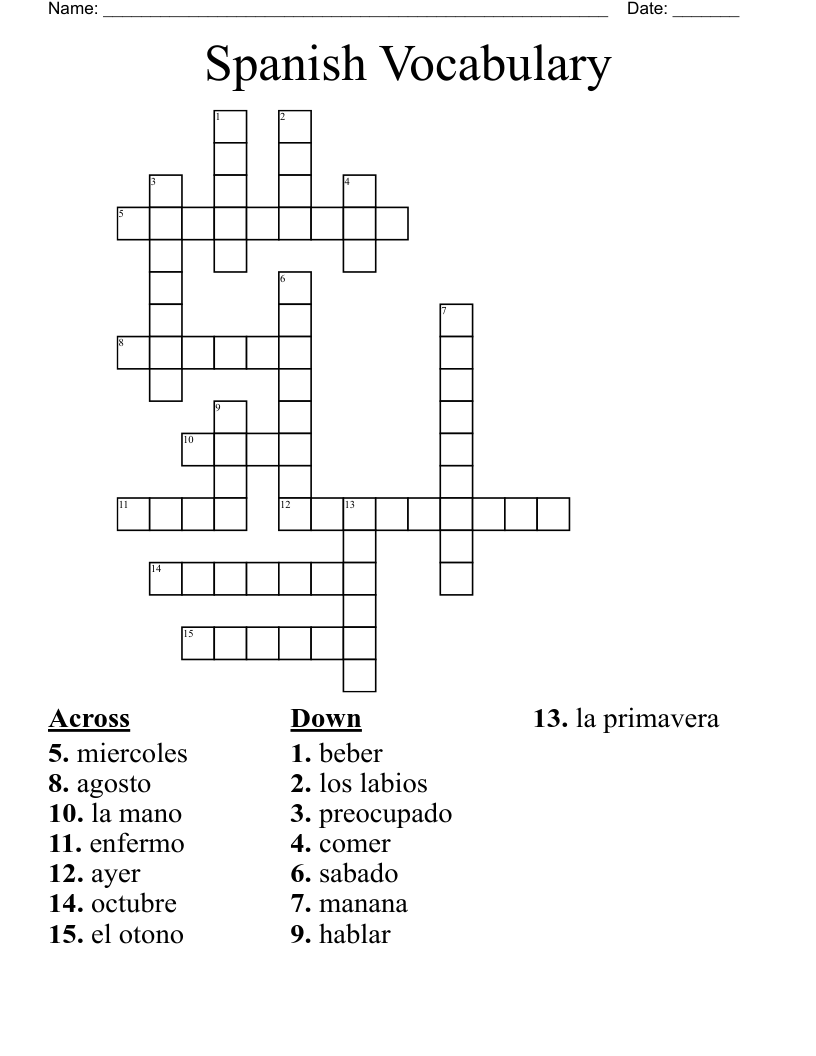 Spanish Vocabulary Crossword