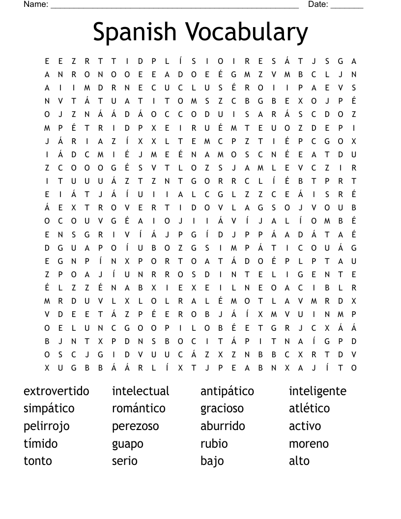 Spanish Vocabulary Word Search