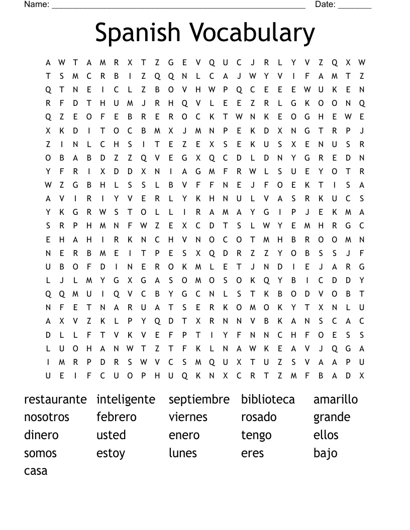 Spanish Vocabulary Word Search