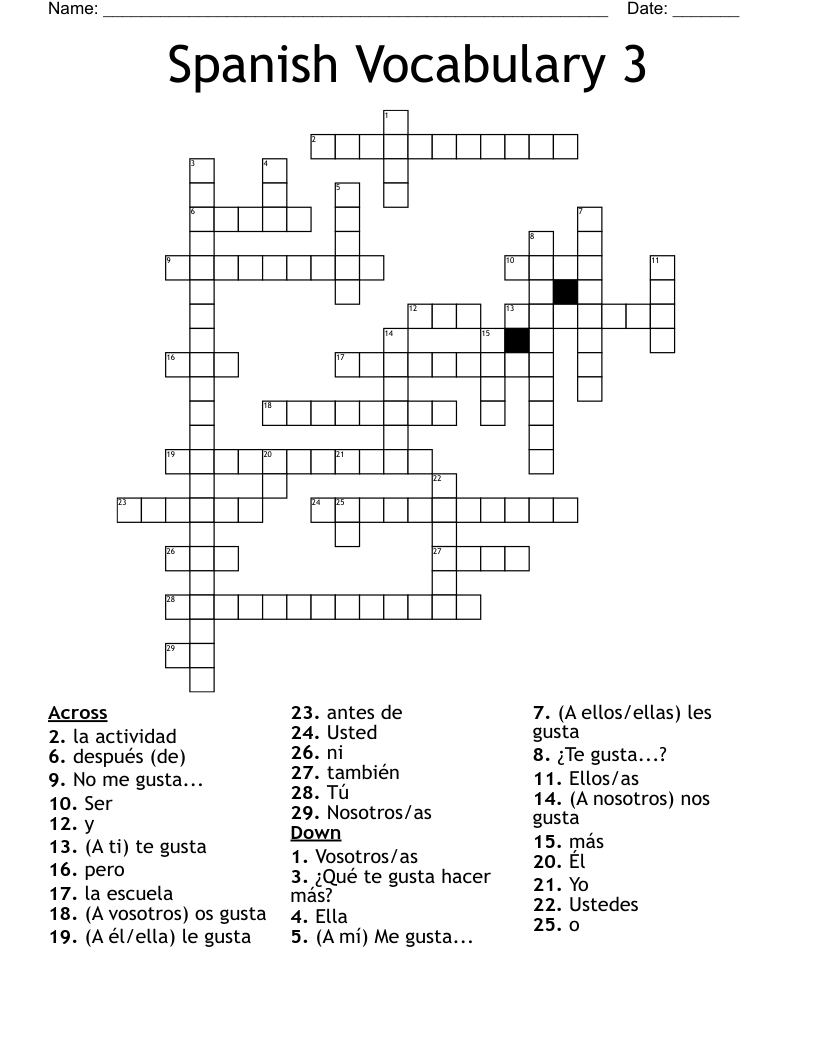 Spanish Vocabulary 3 Crossword