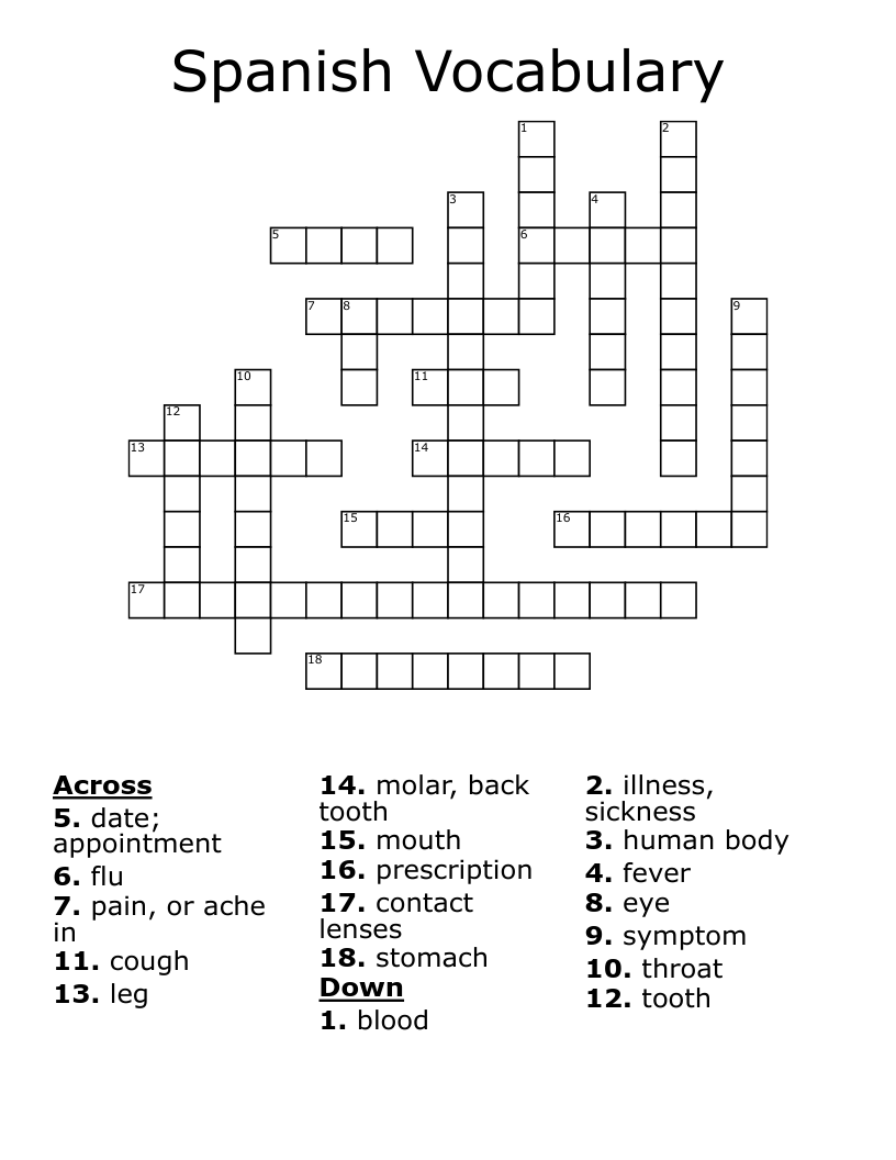 Spanish Vocabulary Crossword