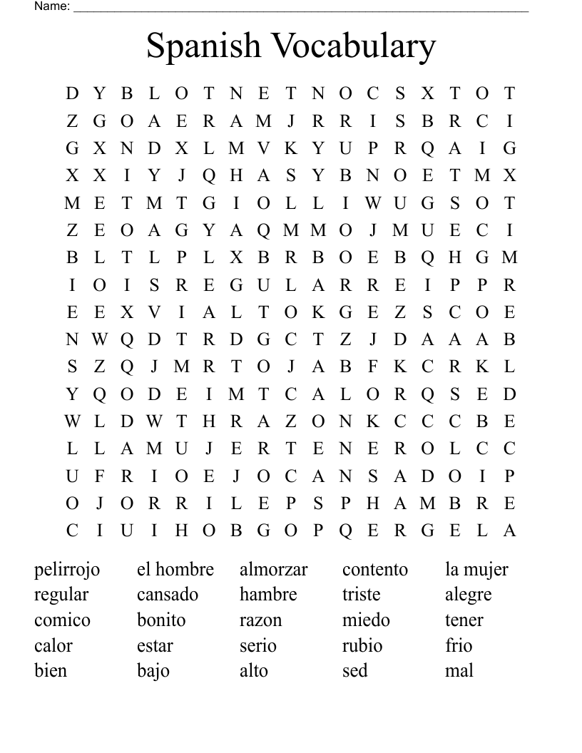 Spanish Vocabulary Word Search