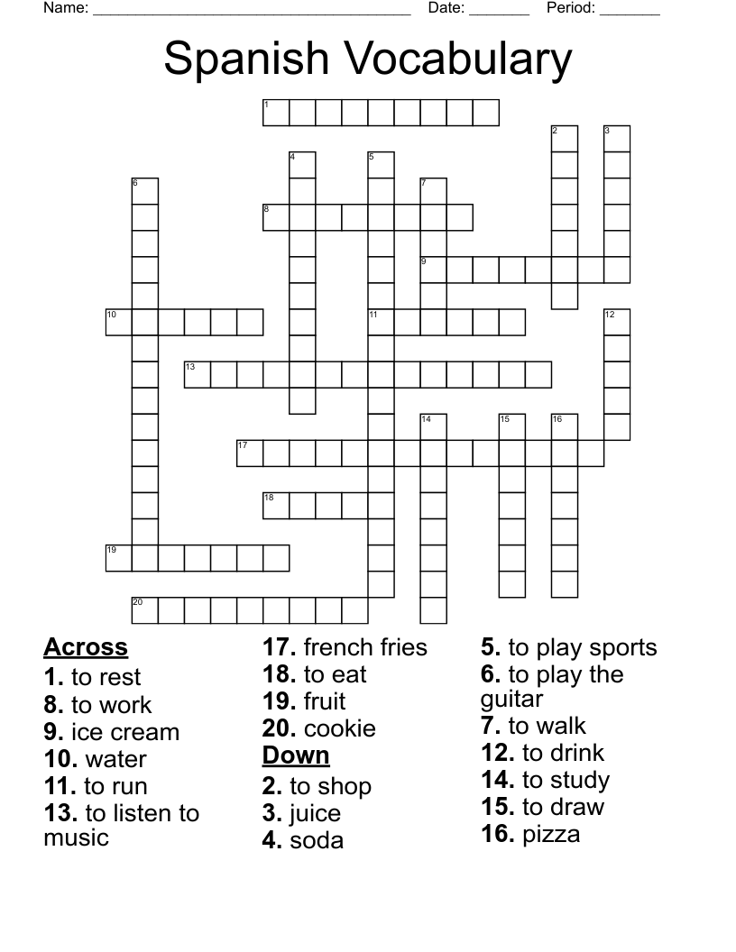 Spanish Vocabulary Crossword