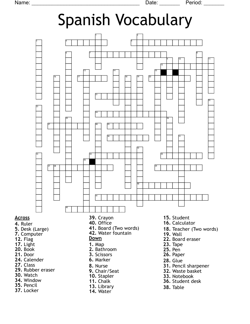 Spanish Vocabulary Crossword