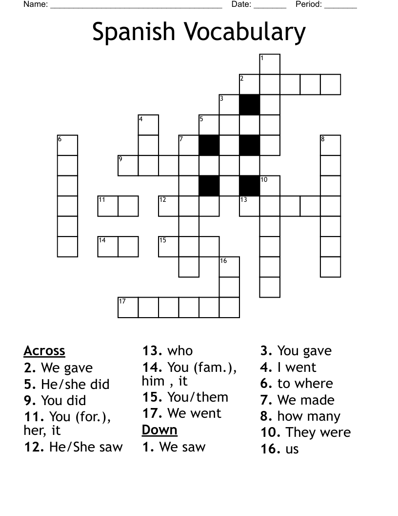 Spanish Vocabulary Crossword