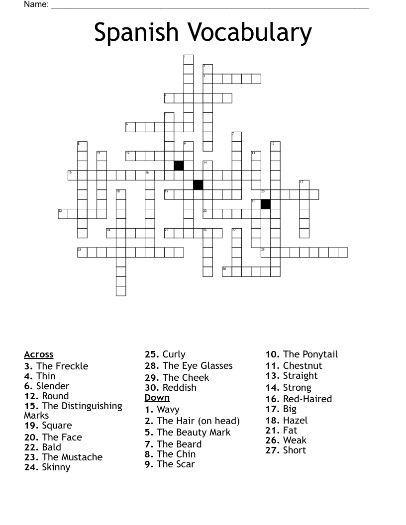 Spanish Vocabulary Crossword