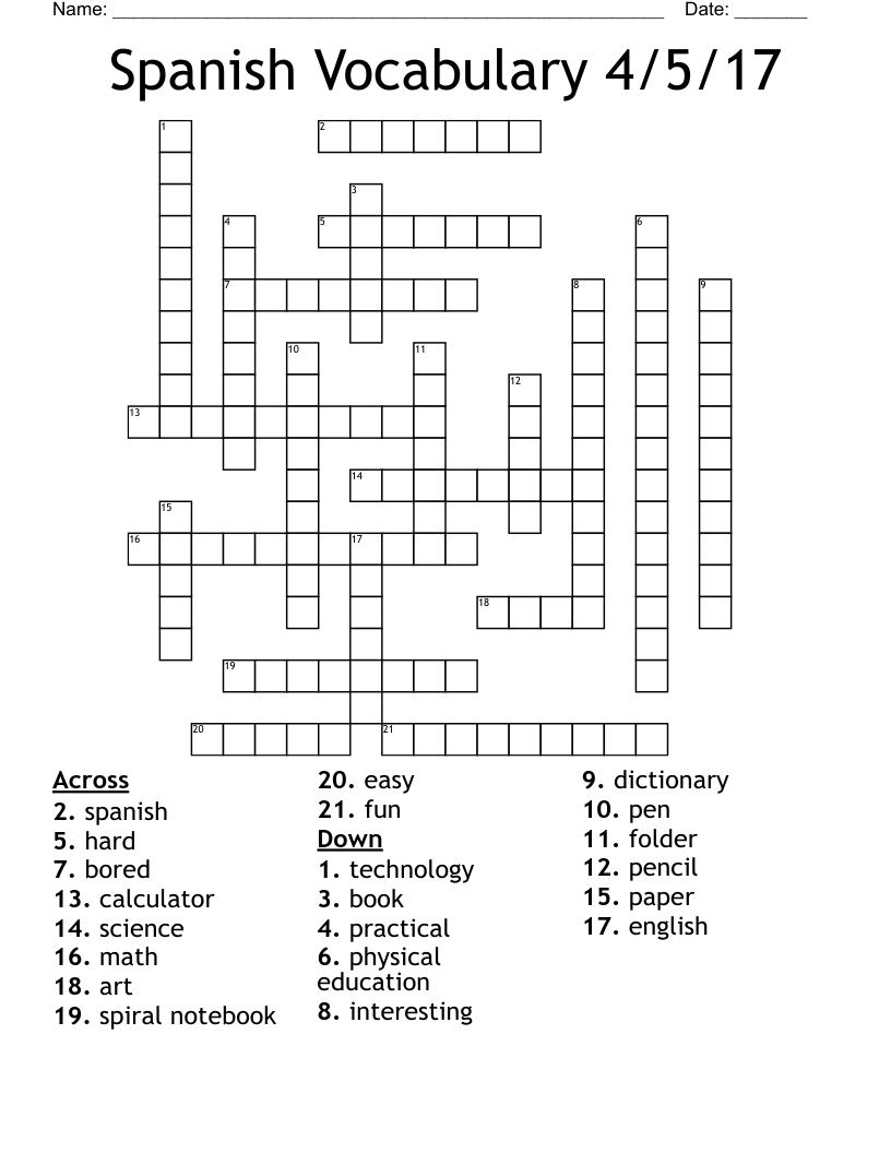 Spanish Vocabulary 4/5/17 Crossword