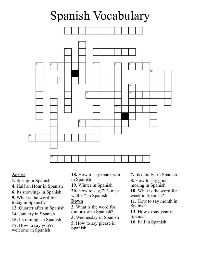 Spanish Vocabulary Crossword