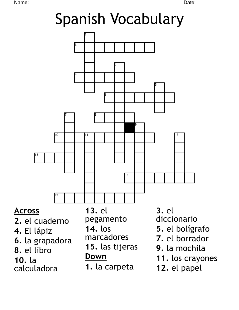 Spanish Vocabulary Crossword