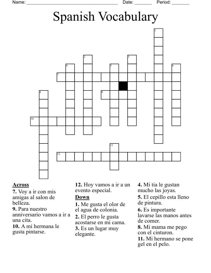 Spanish Vocabulary Crossword